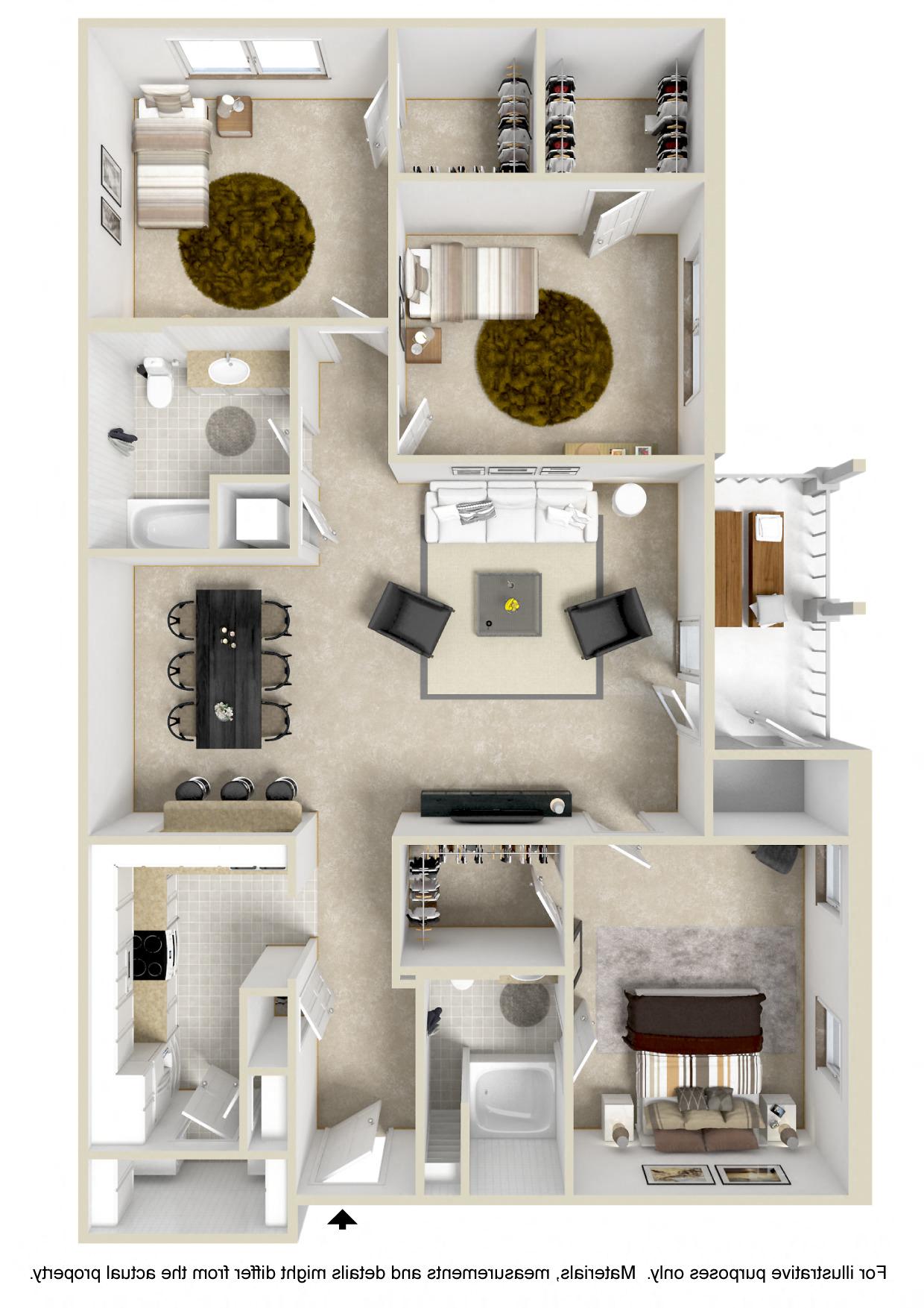 Floor plan for 3 beds, 2 baths, 1306 sqft
